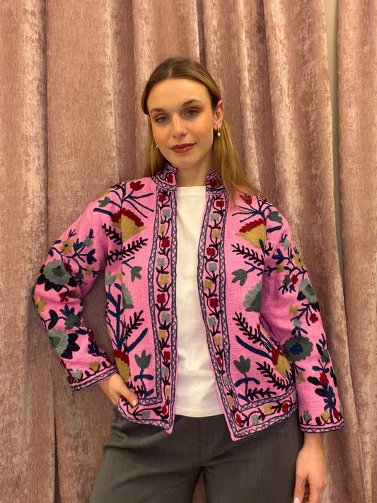 Giacca Artigianale in Cotone con Ricami Floreali