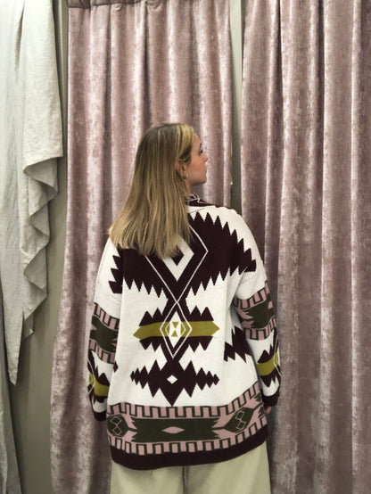 Cardigan jacquard con cintura panna