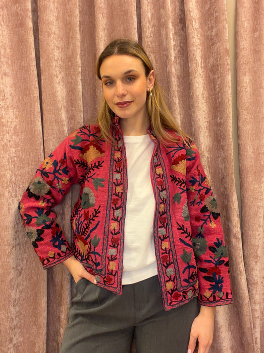 Giacca Artigianale in Cotone con Ricami Floreali