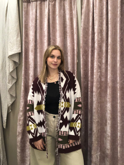 Cardigan jacquard con cintura panna